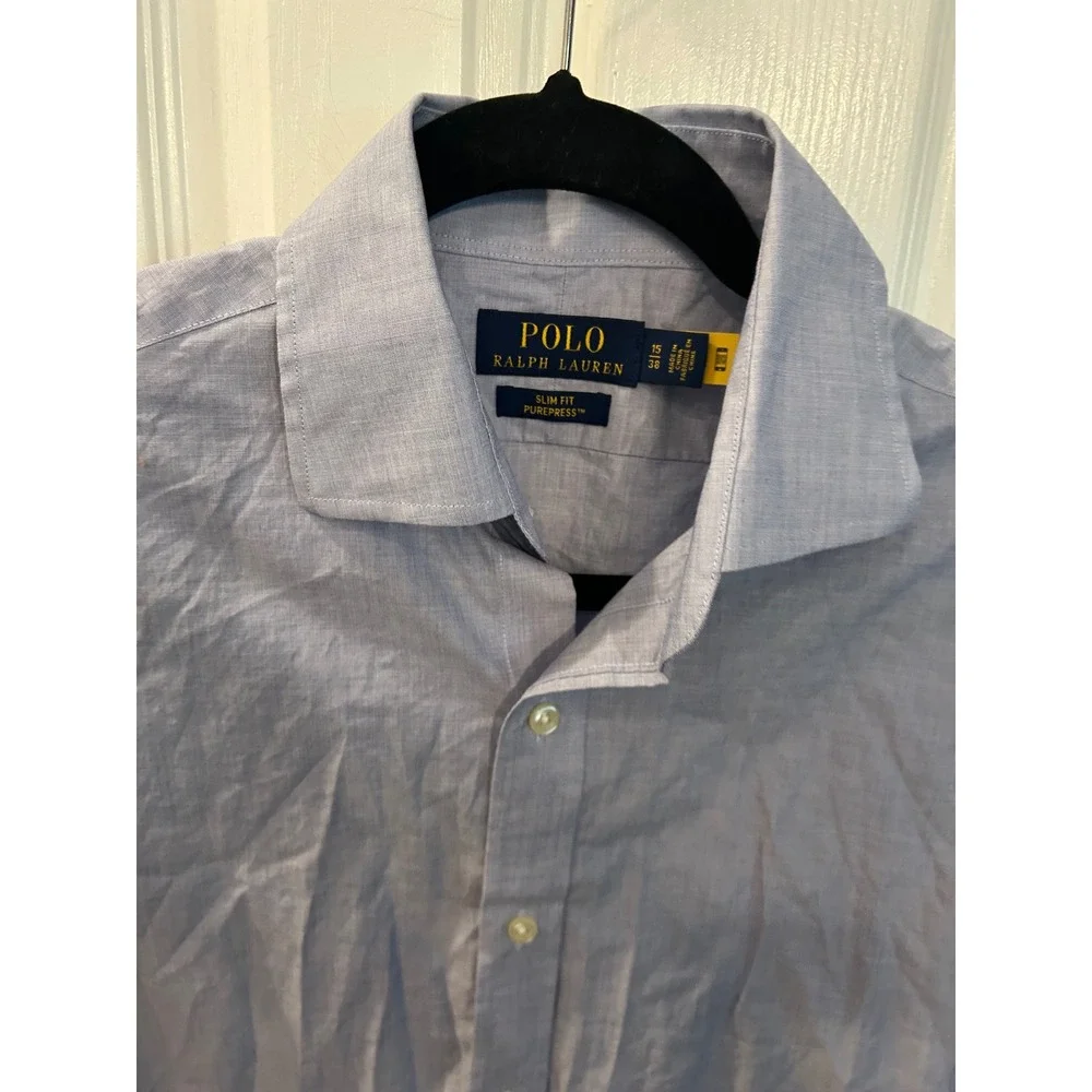 Polo Ralph Lauren Button Up Blue Slim Fit Purepress Cotton Dress Shirt 15 38